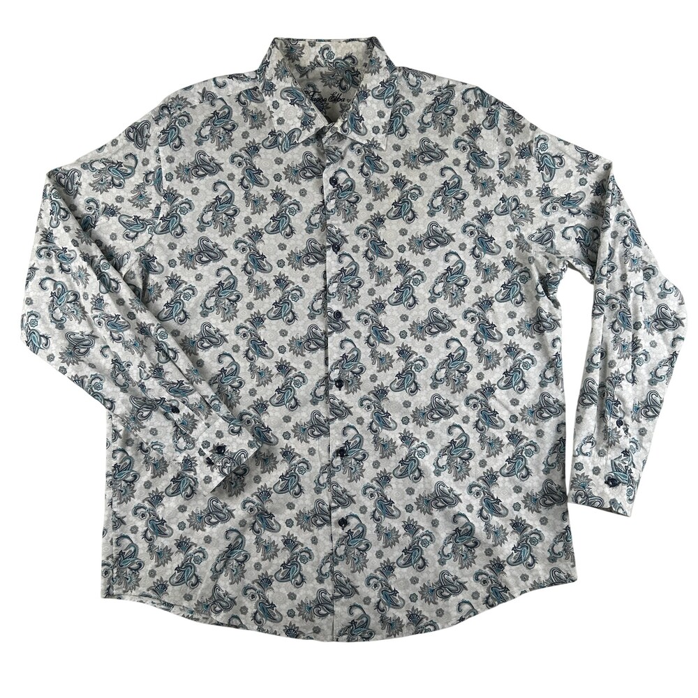 Tasso Elba Dress Shirt Mens 17.5 34/35 Blue Paisley Classic Fit Cotton LS
